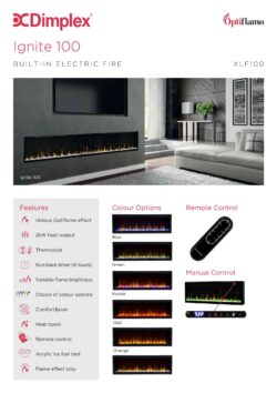 Dimplex Ignite XLF 100" (2500cm) Media Wall Fire product information graphic