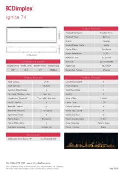 Dimplex Ignite XLF 74" (1800cm) Media Wall Fire product information graphic