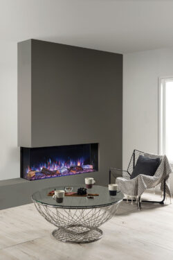 Onyx Avanti 110RW Electric Fire - Split Oak Logs two-sided view with split-oak log fuel bed
