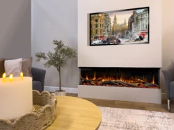 Charlton & Jenrick Go Eco Media Wall 150 Electric Fire angled view with orange flame effect